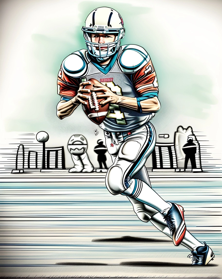 Comic drawing of an American football player, created from a reference photo by generative AI similar as MidJourney and ChatGPT