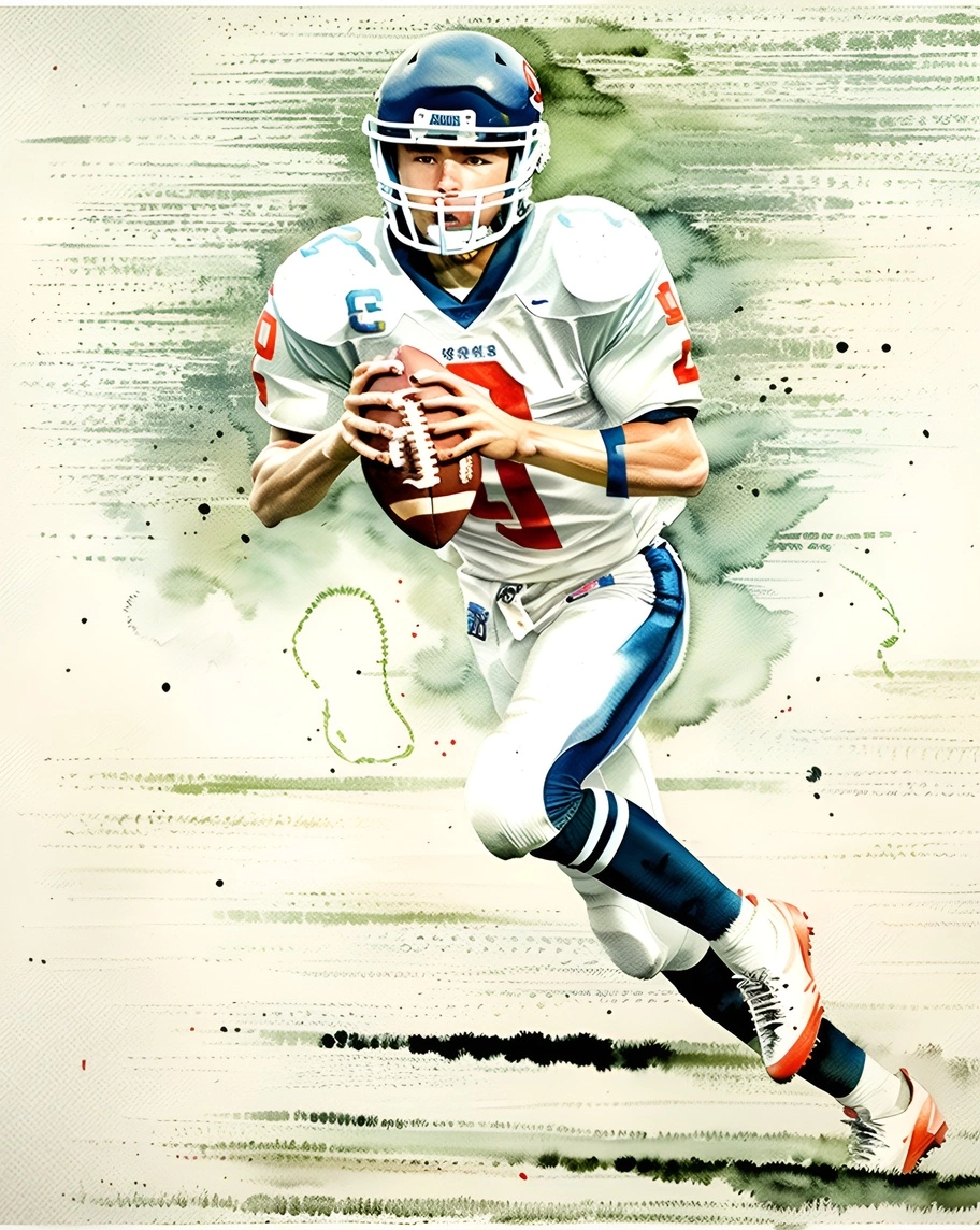 Chinese ink drawing of an American football player, created from a reference photo by generative AI similar as MidJourney and ChatGPT