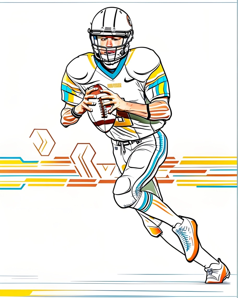 Line art drawing of an American football player, created from a reference photo by generative AI similar as MidJourney and ChatGPT