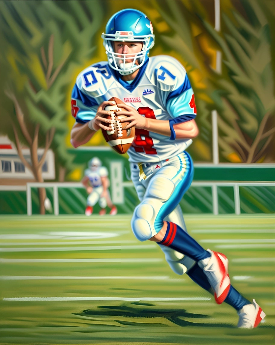 Oil painting of an American football player, created from a reference photo by generative AI similar as MidJourney and ChatGPT