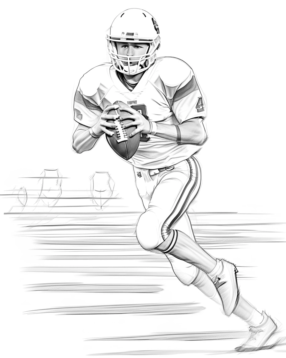 Pencil sketch drawing of an American football player, created from a reference photo by generative AI similar as MidJourney and ChatGPT