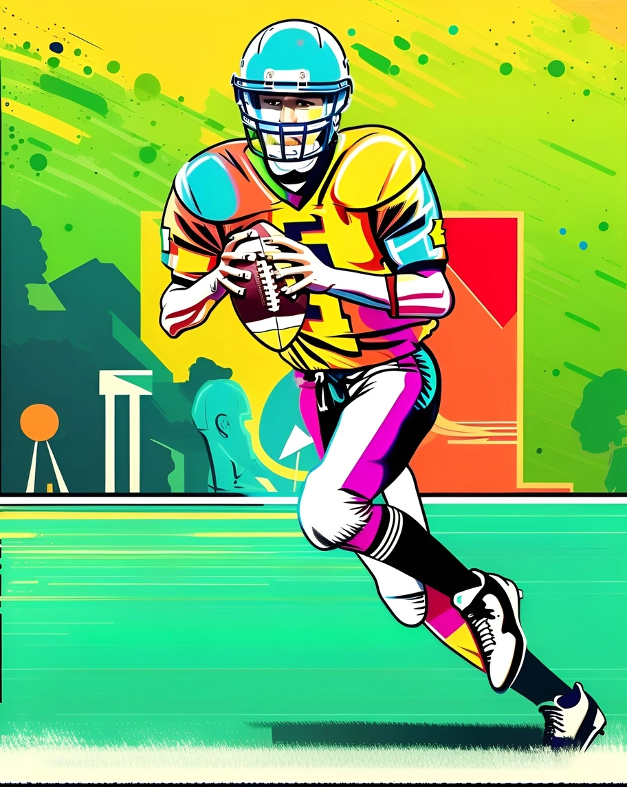 Pop art drawing of an American football player, created from a reference photo by generative AI similar as MidJourney and ChatGPT