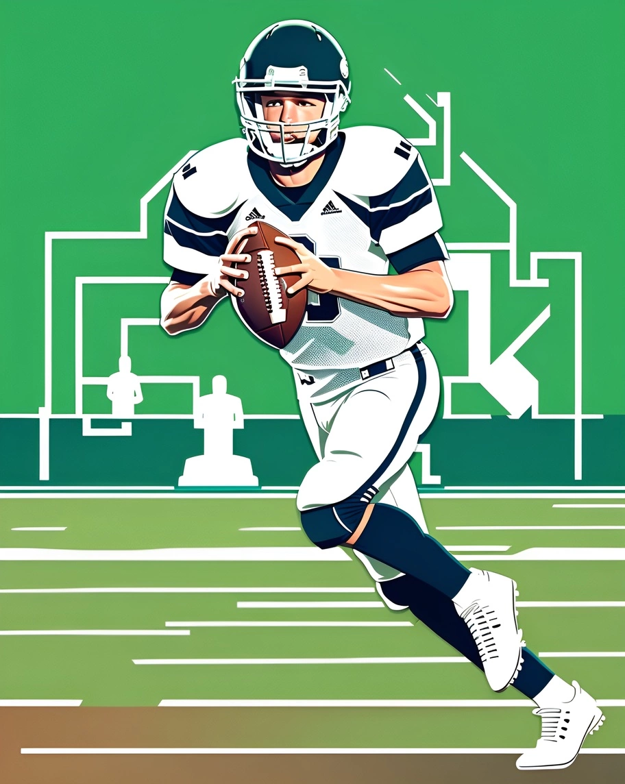 Vector art drawing of an American football player, created from a reference photo by generative AI similar as MidJourney and ChatGPT