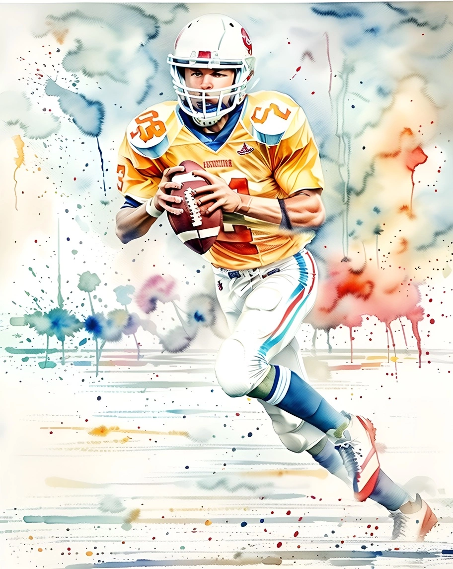 Watercolor painting of an American football player, created from a reference photo by generative AI similar as MidJourney and ChatGPT