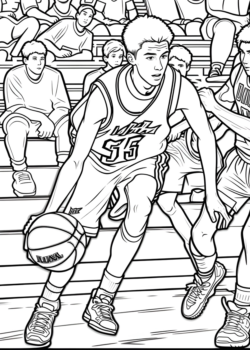 Disegno di sketch line di un giocatore di basket da una foto di riferimento, creata da PortraitArt App