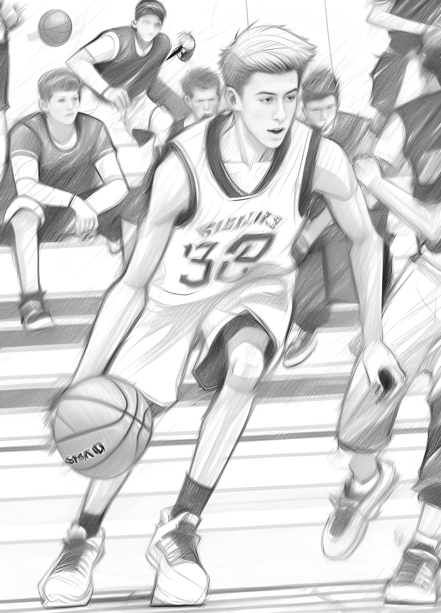 pencil sketch drawing of a basketball game, created from a reference photo with generative AI similar as midjourney