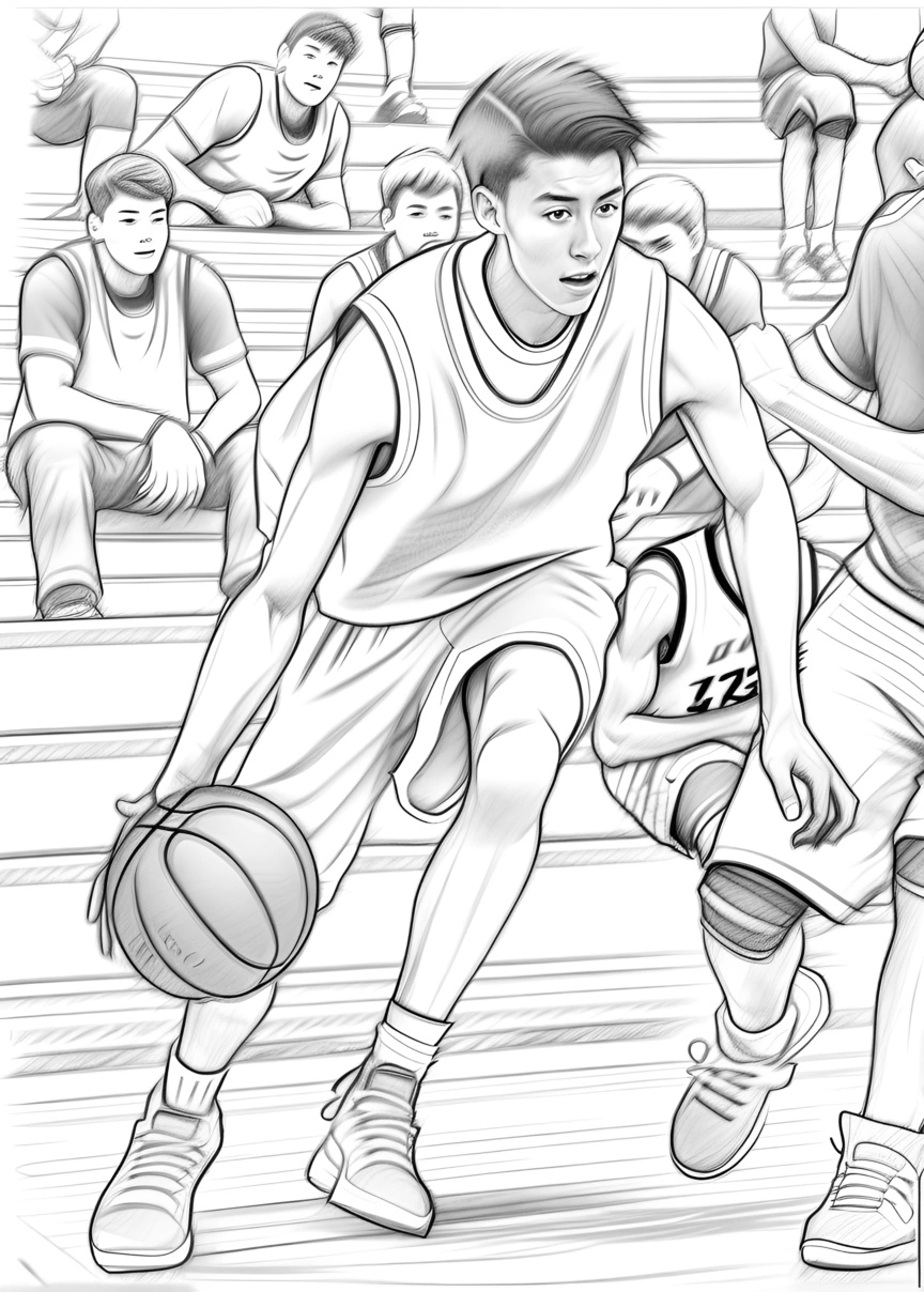 Pencil Sketch Drawing eines Basketballspiels, das aus einem Referenzfoto mit generativen KI erstellt wurde, ähnlich wie Midjourney