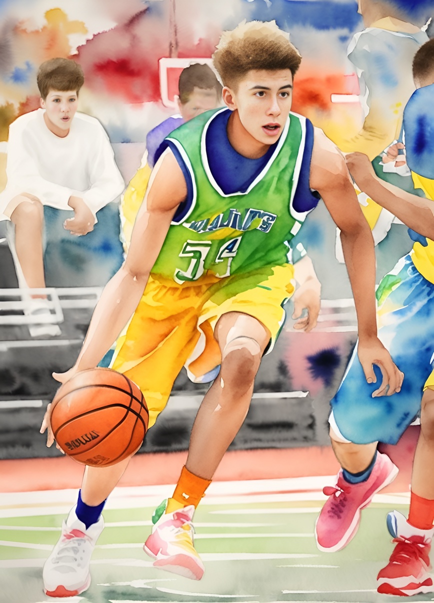 watercolor painting of basketball sports from a photo, made with PortraitArt App