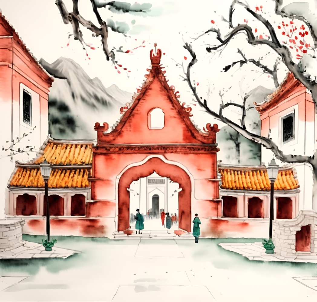 Chinese painting of a building, created from a reference photo by generative AI similar as MidJourney and ChatGPT