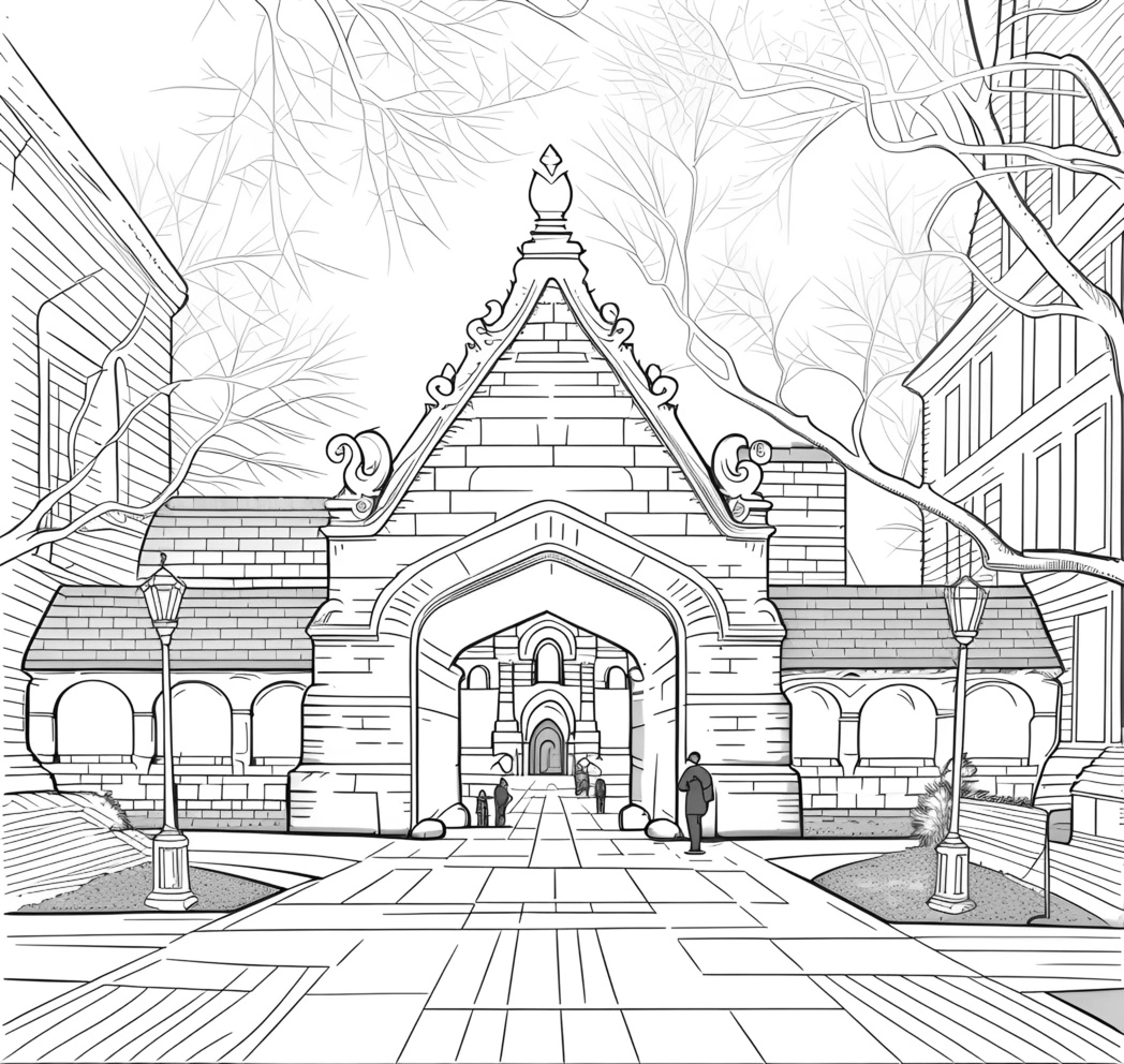 Line sketch drawing of a college campus, created from a reference photo by generative AI similar as MidJourney and ChatGPT