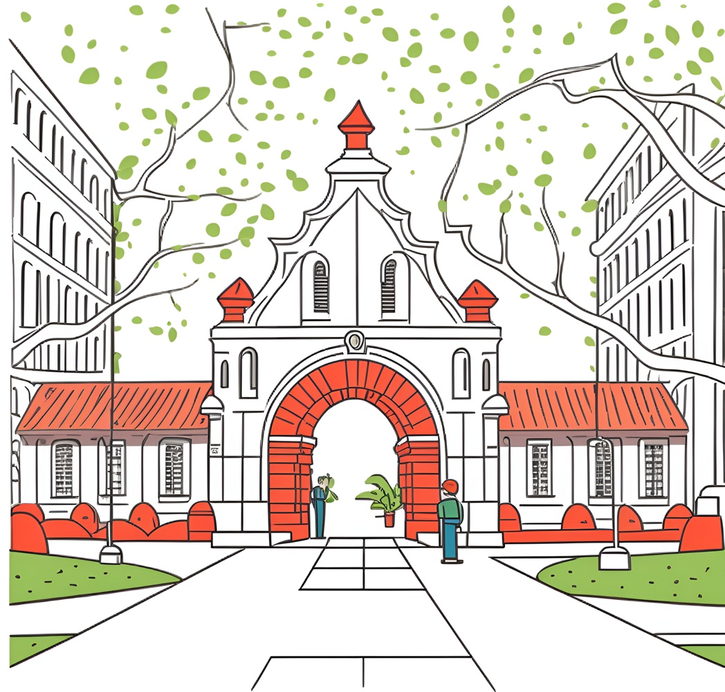 Line art picture of a college campus, created from a reference photo by generative AI similar as MidJourney and ChatGPT