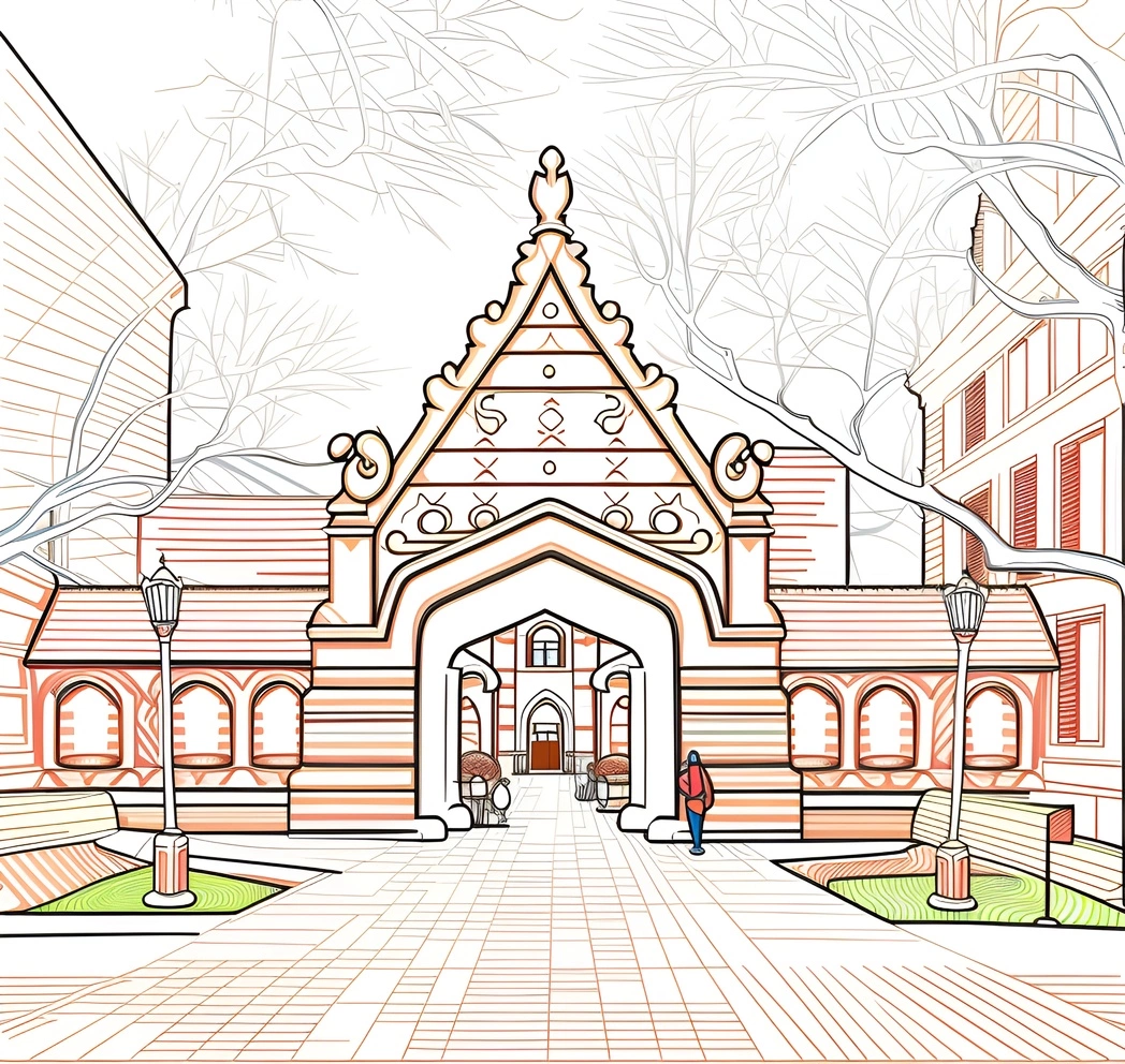 Line art picture of a college campus, created from a reference photo by our AI art generator