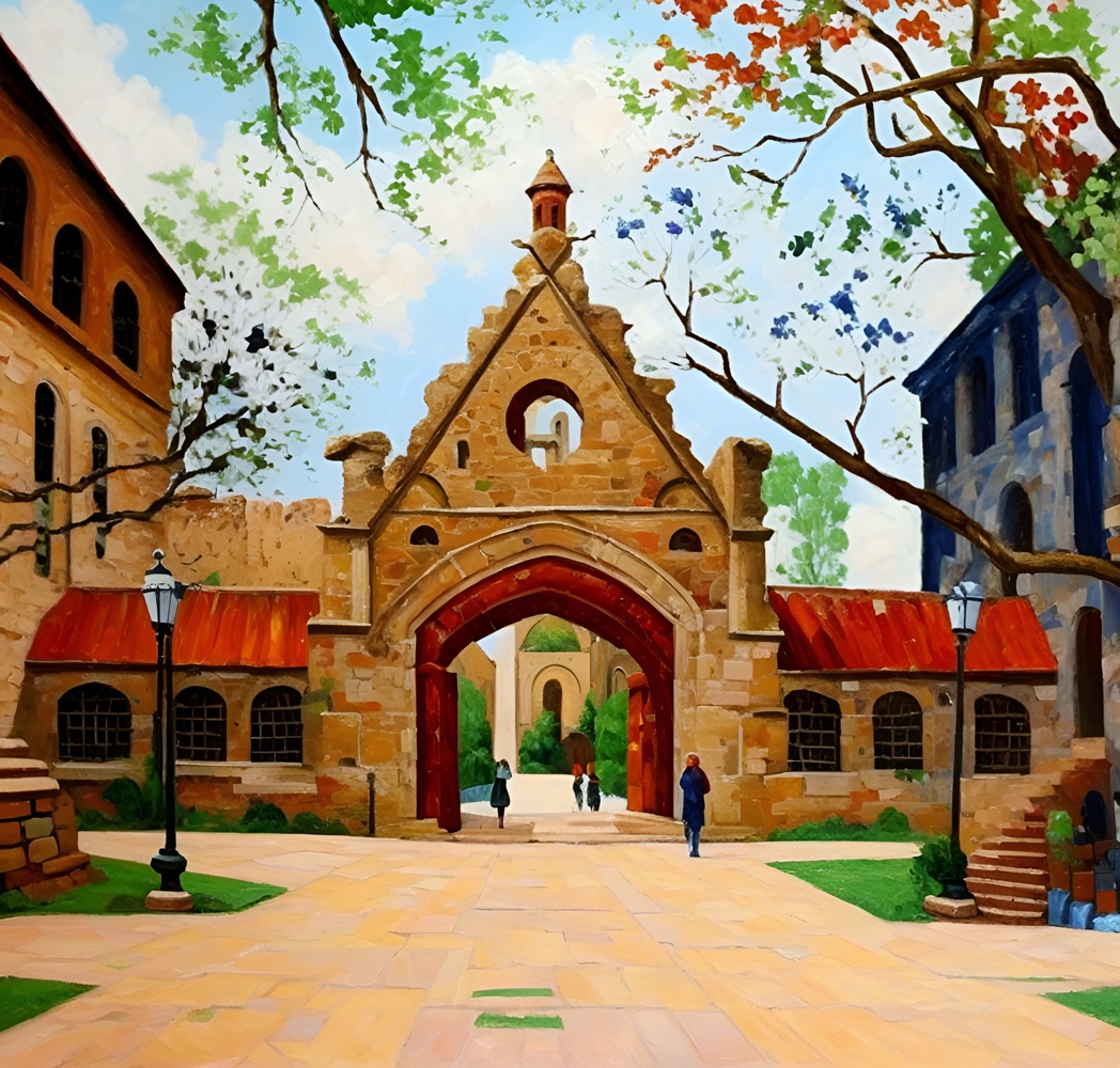 Oil painting of a college campus, created from a reference photo by generative AI similar as MidJourney and ChatGPT