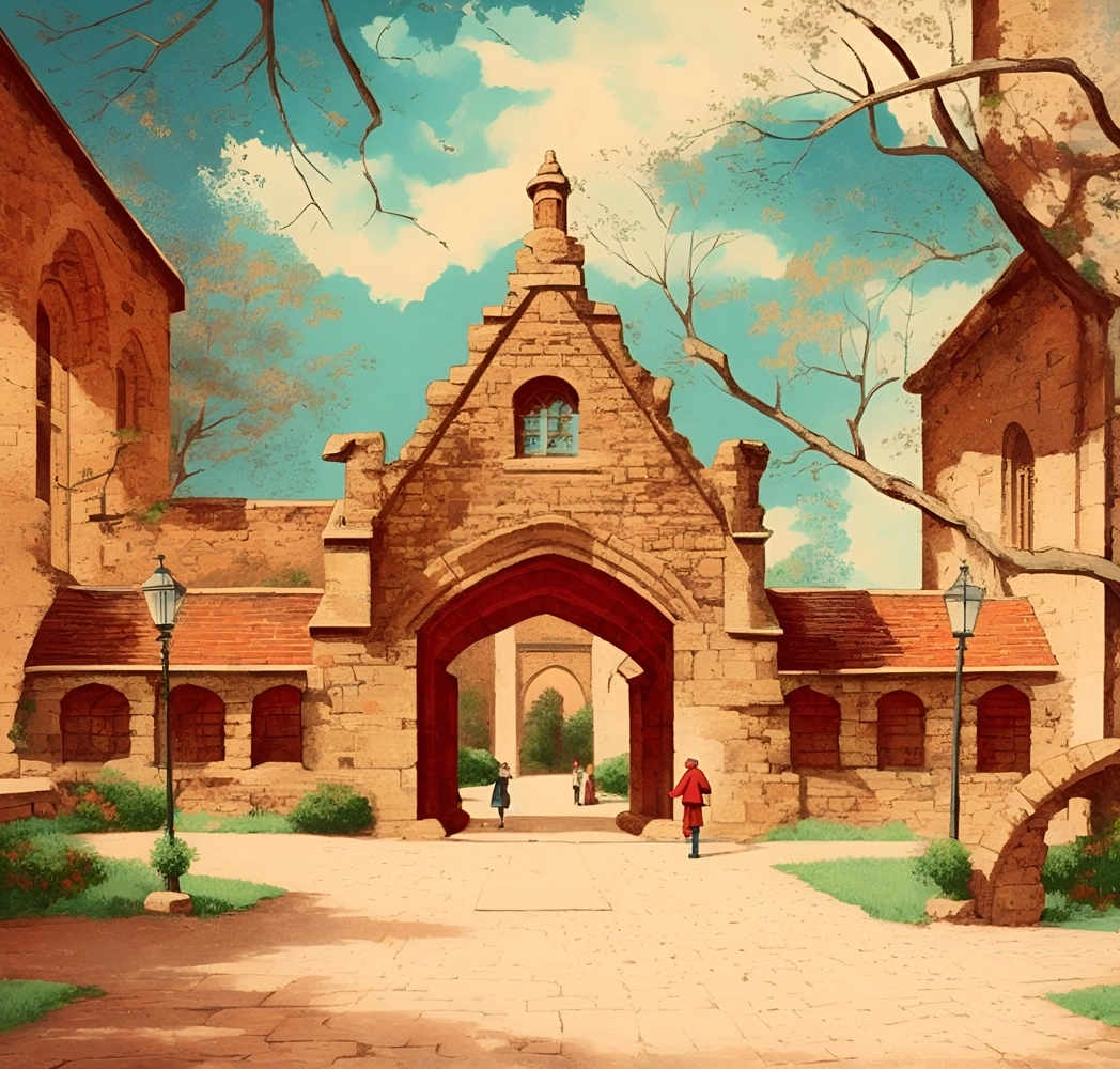 Pittura vintage di un campus universitario, creata da una foto di riferimento da AI generativa simile a Midjourney e Chatgpt