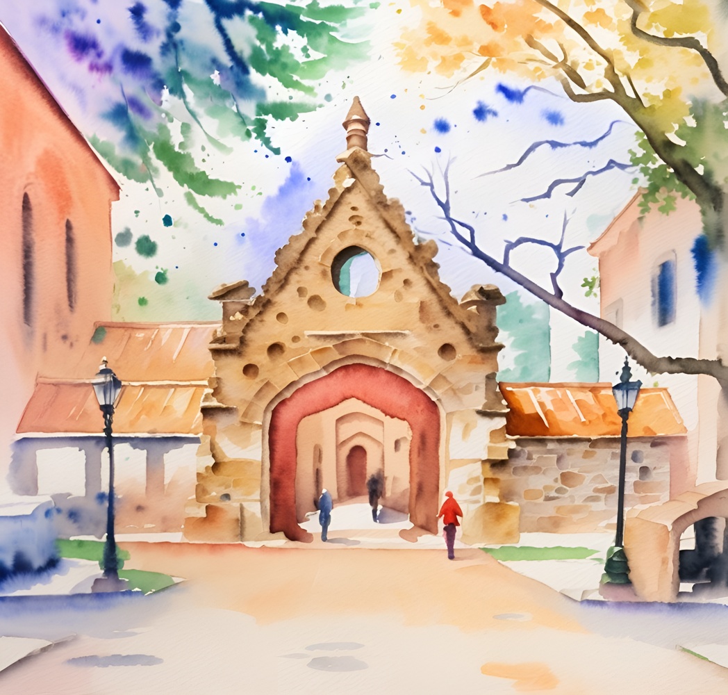 Watercolor painting of a college campus, created from a reference photo by generative AI similar as MidJourney and ChatGPT
