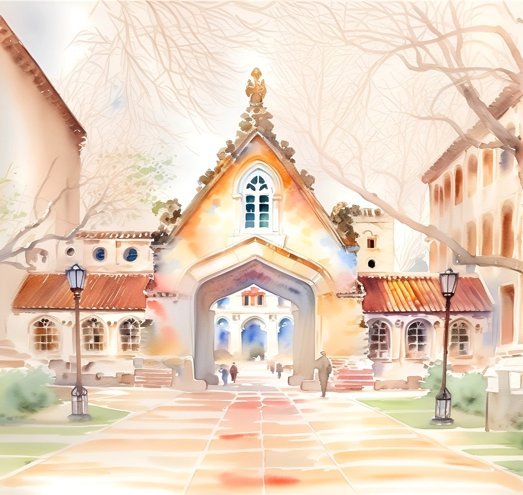 Watercolor painting of a college campus, created from a reference photo by our AI art generator