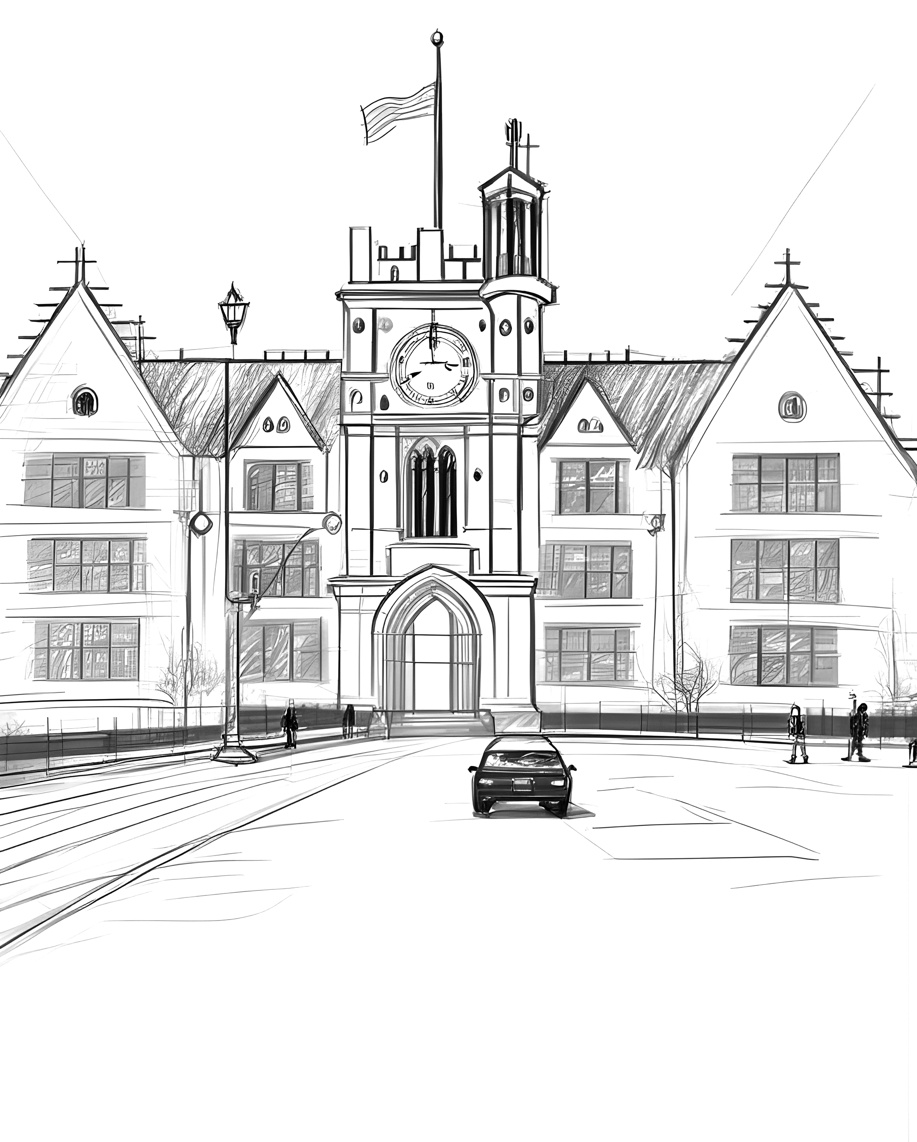 Line sketch drawing of a building in college campus, created from a reference photo by PortraitArt app