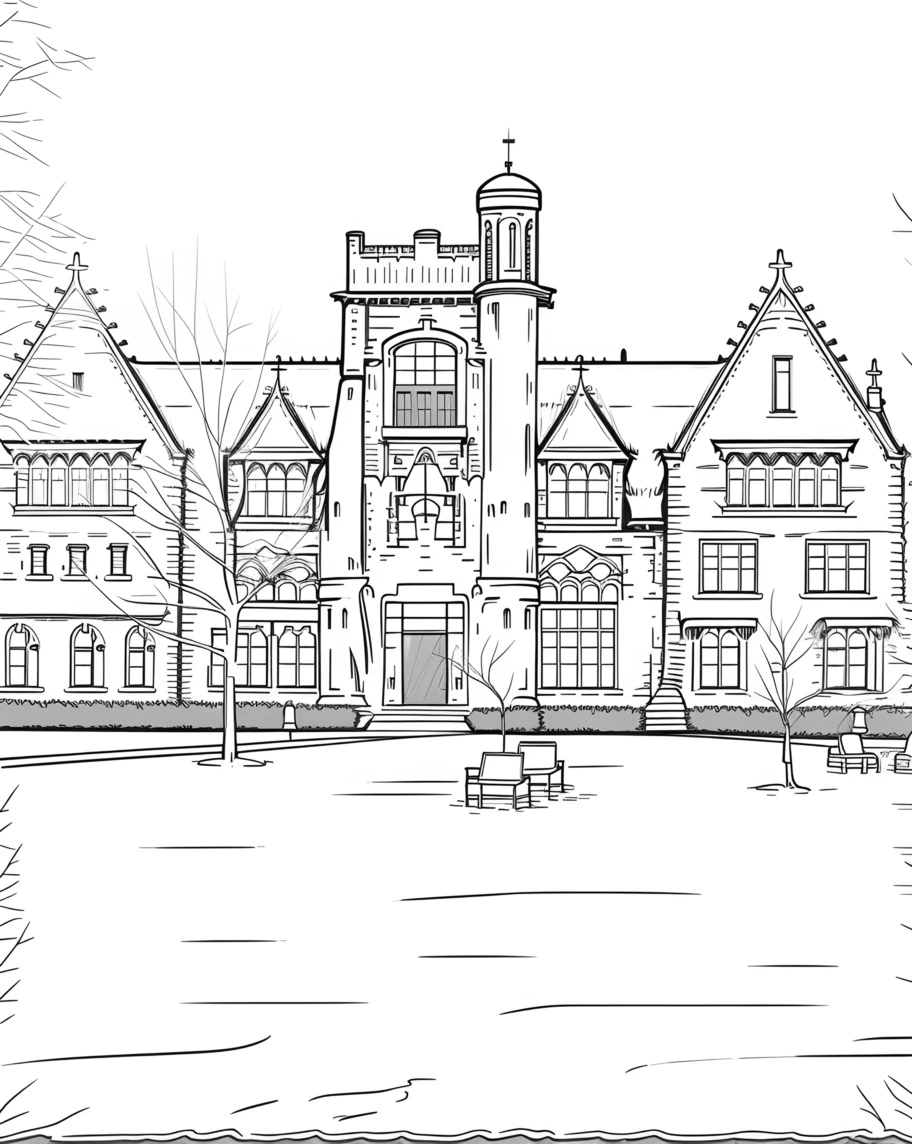 Line sketch drawing of a building in college campus, created from a reference photo by PortraitArt app