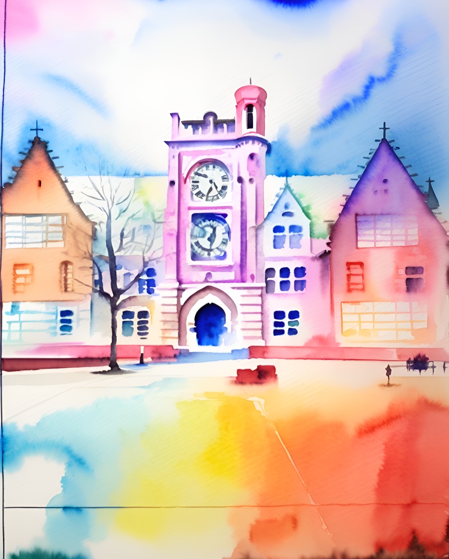 Watercolor painting of a building in college campus, created from a reference photo by PortraitArt app