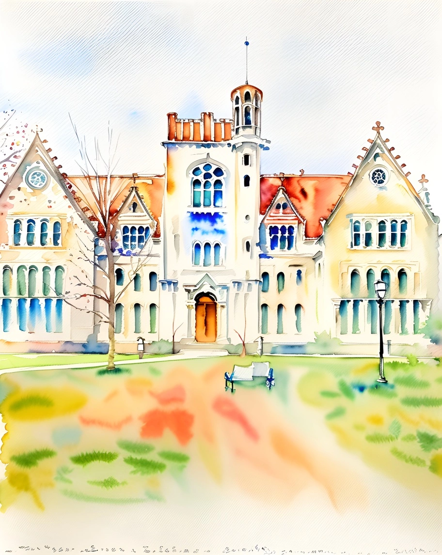 Pain d'aquarelle d'un bâtiment dans le campus universitaire, créé à partir d'une photo de référence de l'application PortraitArt