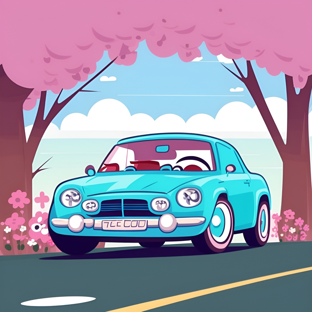 Cartoon drawing of a car, created from a reference photo by generative AI similar as MidJourney and ChatGPT