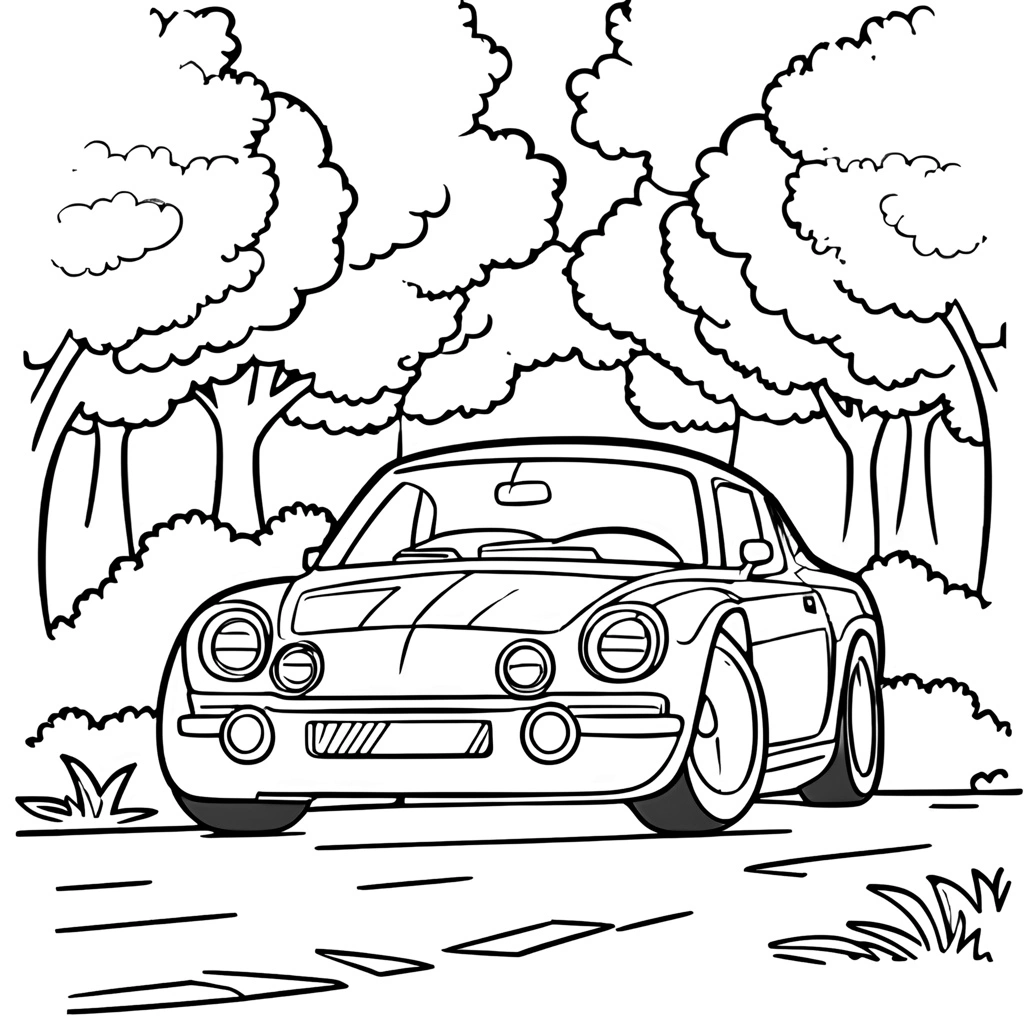 Coloring page of a car, created from a reference photo by generative AI similar as MidJourney and ChatGPT