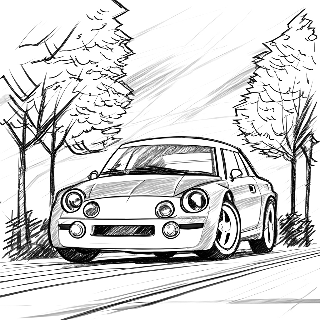 line sketch drawing of a car, created from a reference photo with generative AI similar as midjourney