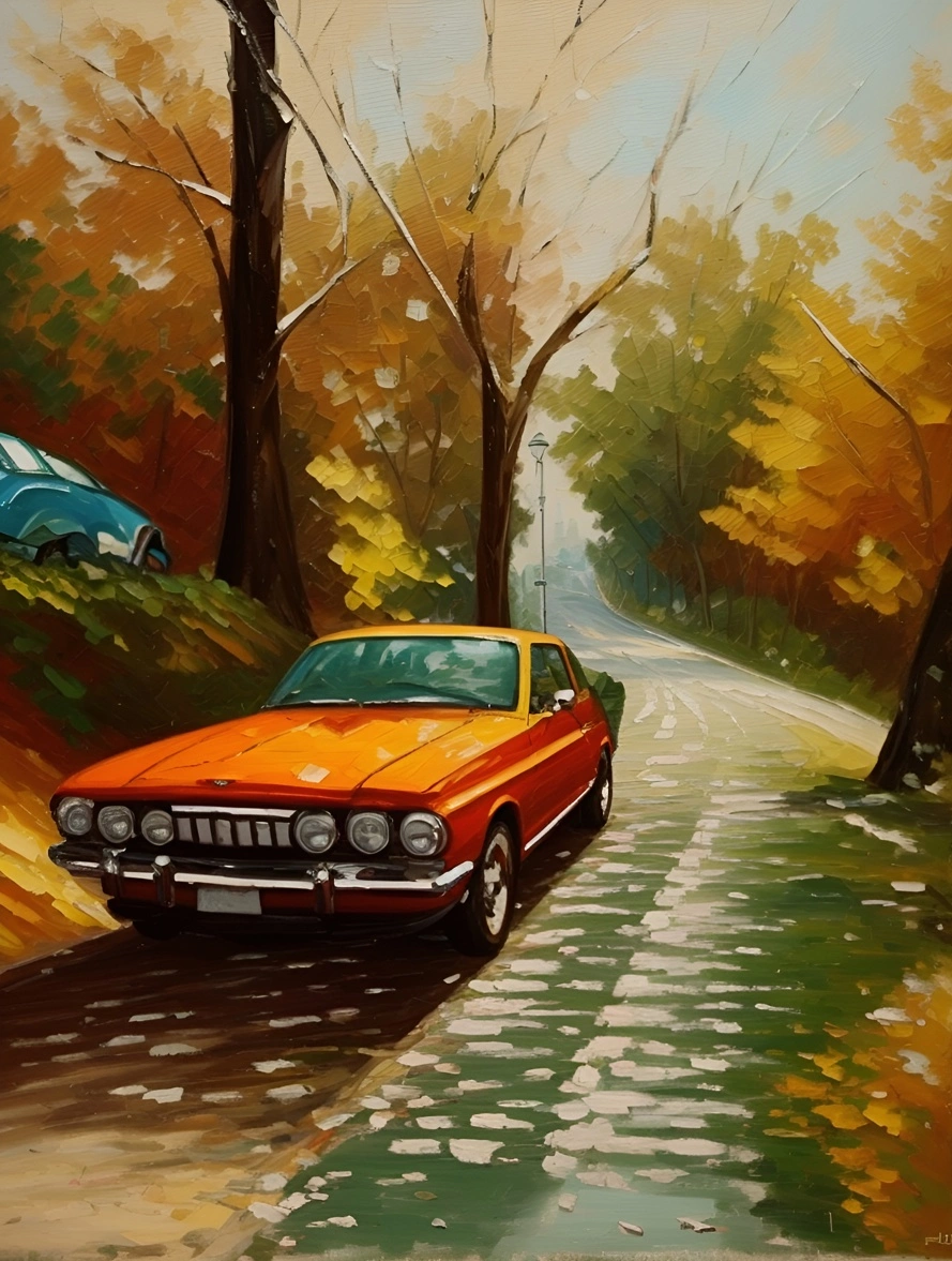 Oil painting of a car, created from a reference photo by generative AI similar as MidJourney and ChatGPT