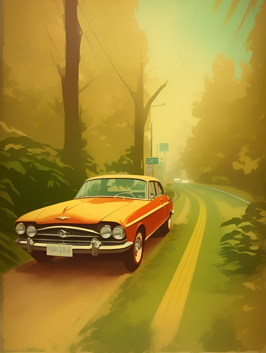 Vintage painting of a car, created from a reference photo by generative AI similar as MidJourney and ChatGPT