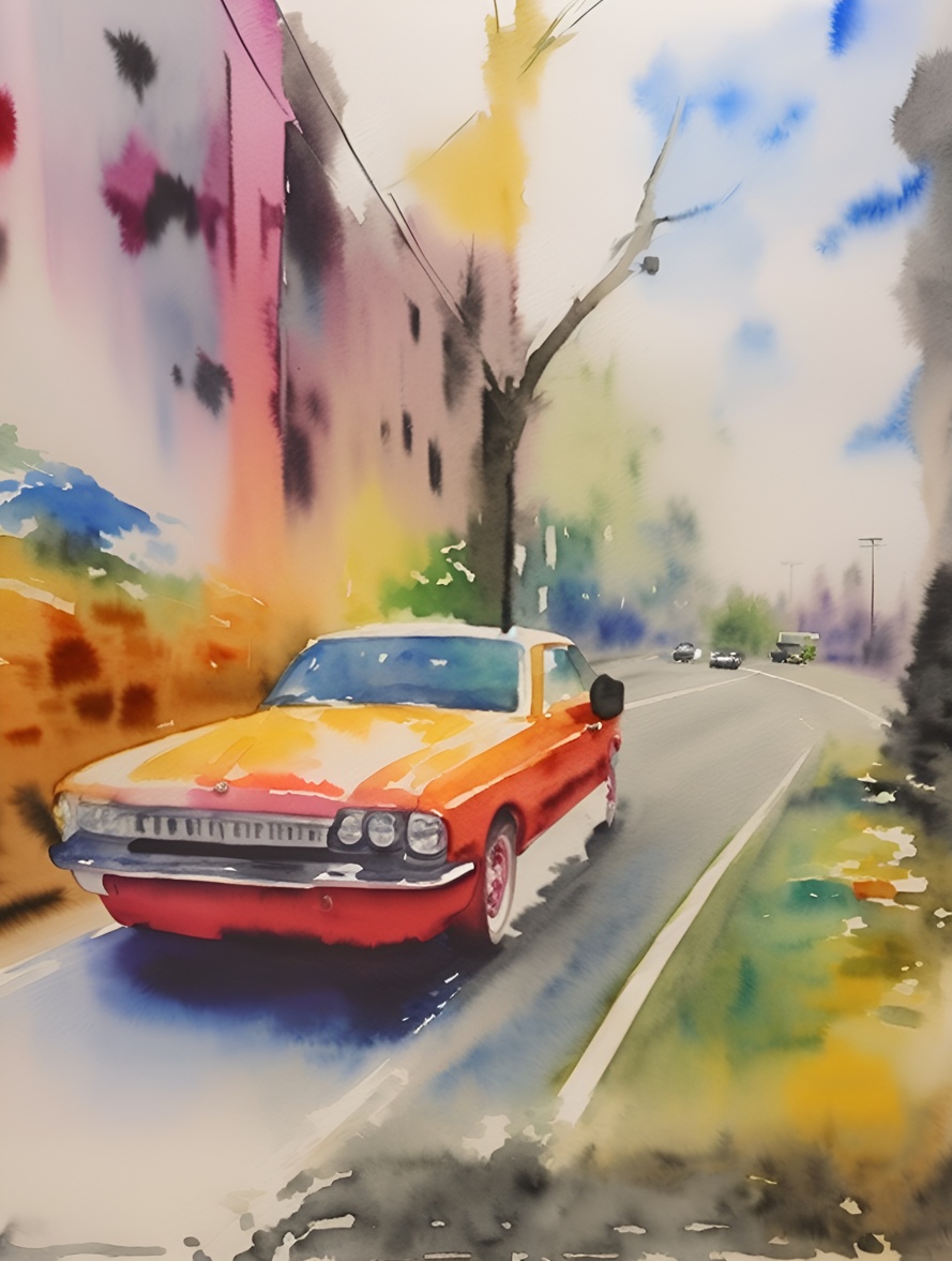 Watercolor painting of a car, created from a reference photo by generative AI similar as MidJourney and ChatGPT