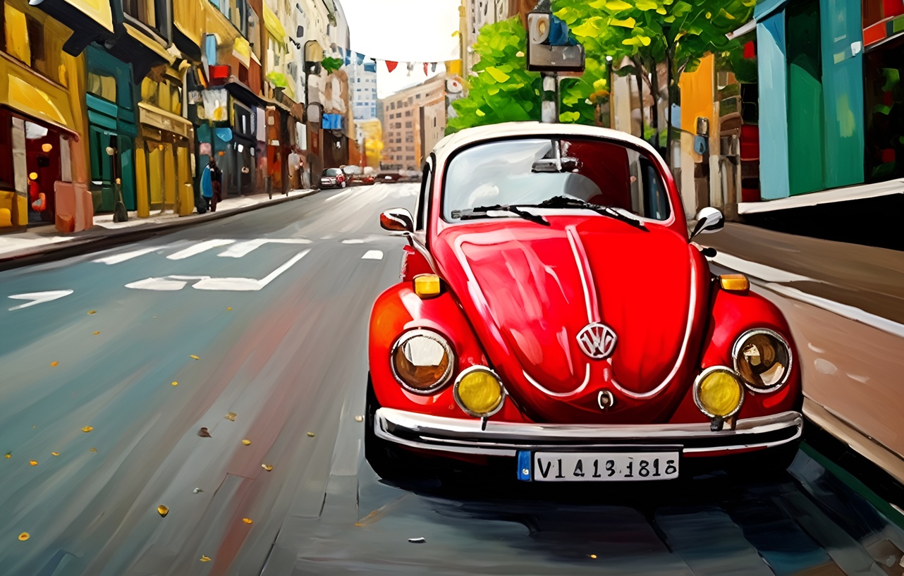 Oil painting of a car, created from a reference photo by generative AI similar as MidJourney and ChatGPT
