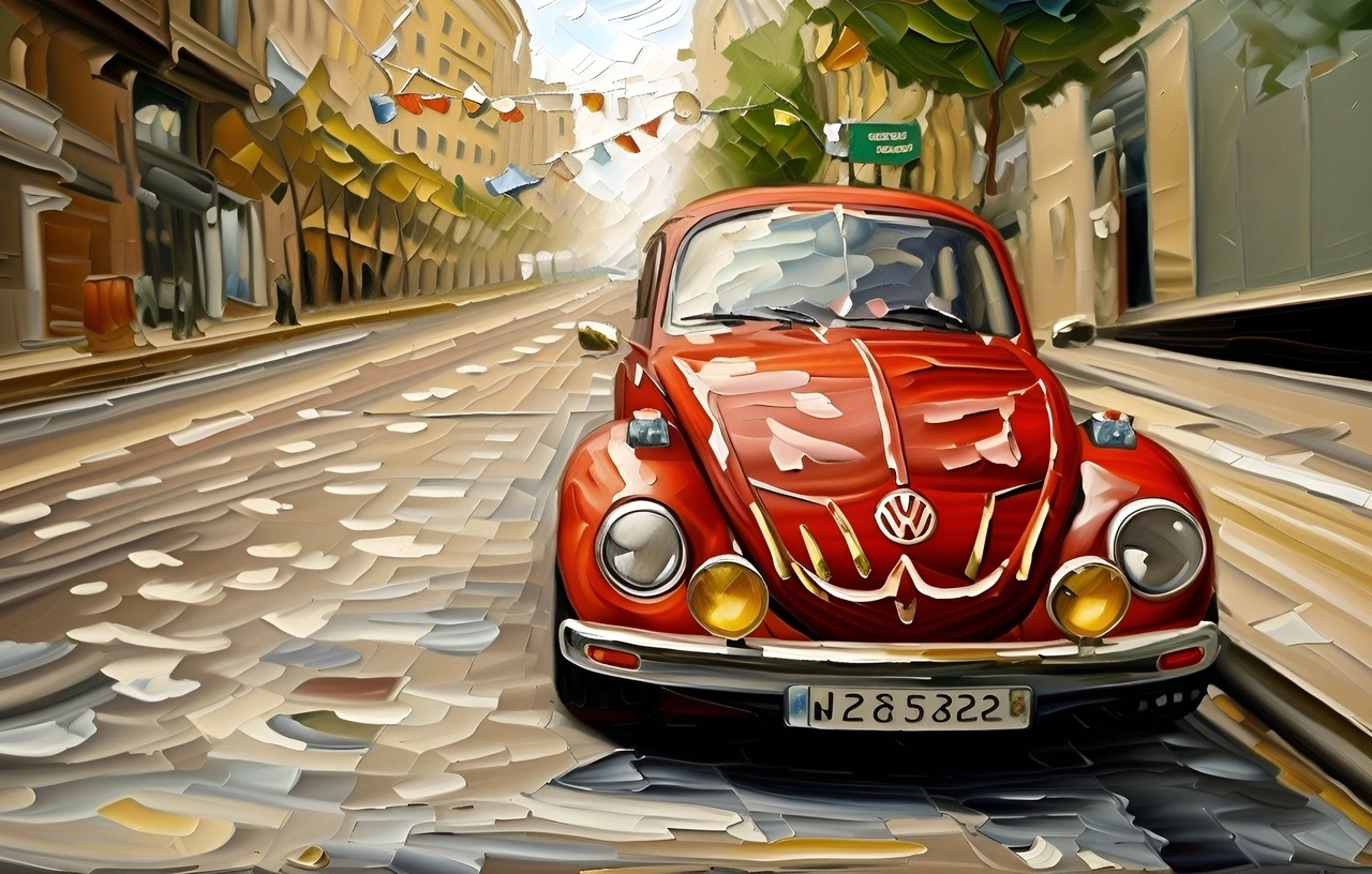 Oil painting of a car, created from a reference photo by generative AI similar as MidJourney and ChatGPT