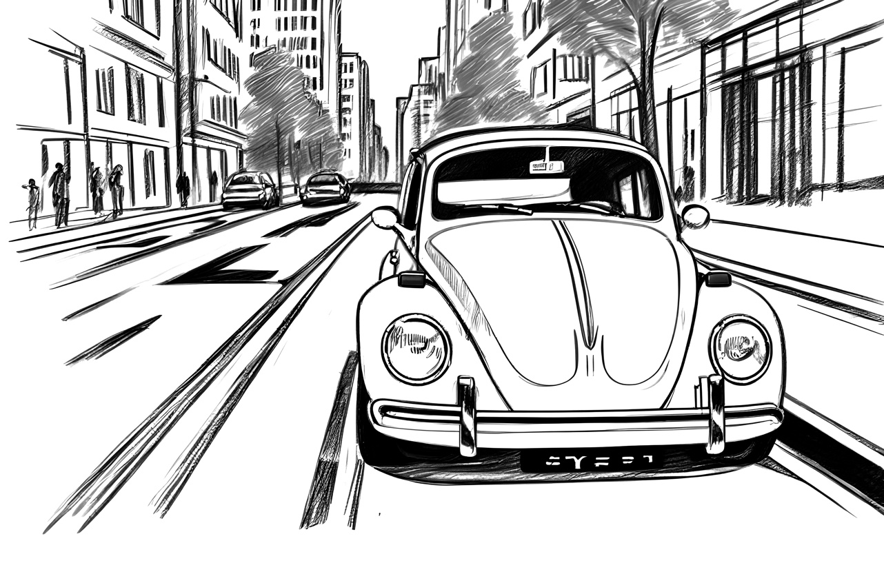 Line sketch drawing of a car, created from a reference photo by generative AI similar as MidJourney and ChatGPT