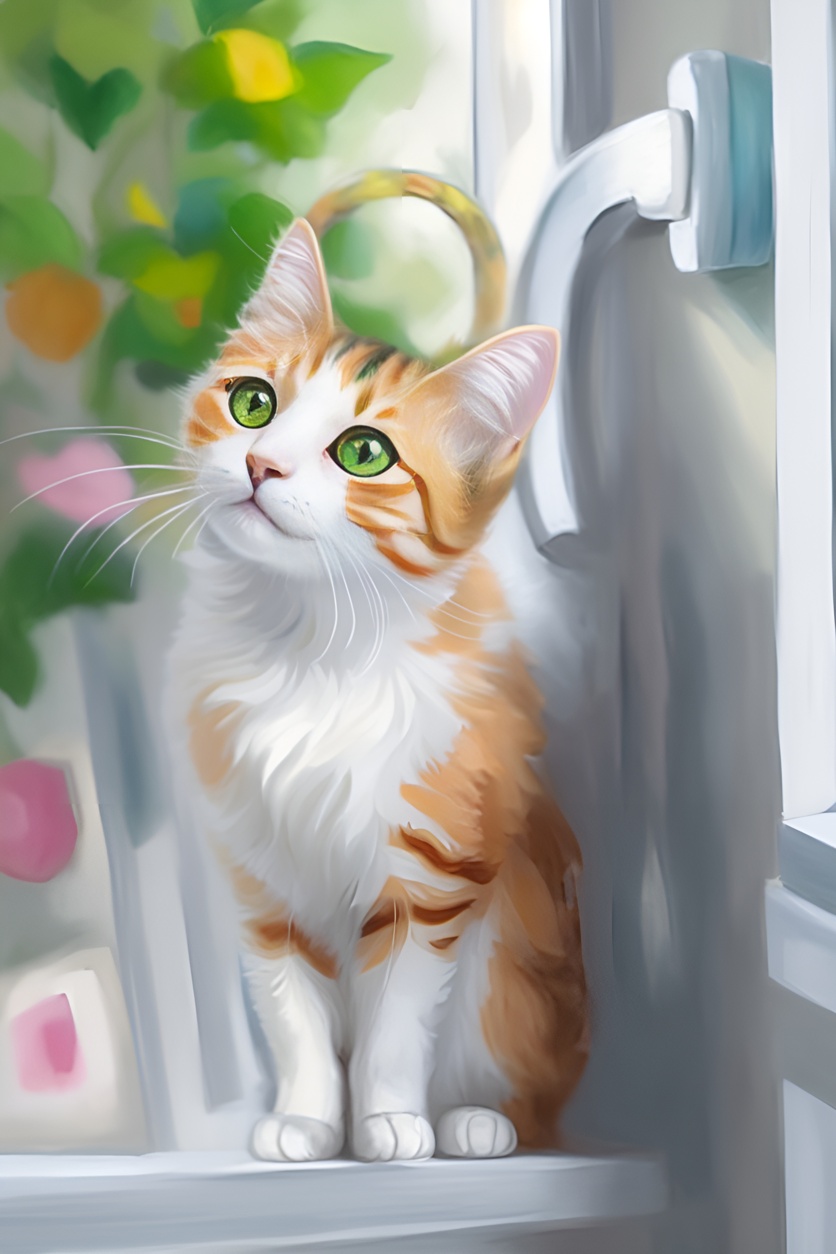 Oil painting of a cat sitting next to a door, created from a reference photo by generative AI similar as MidJourney and ChatGPT