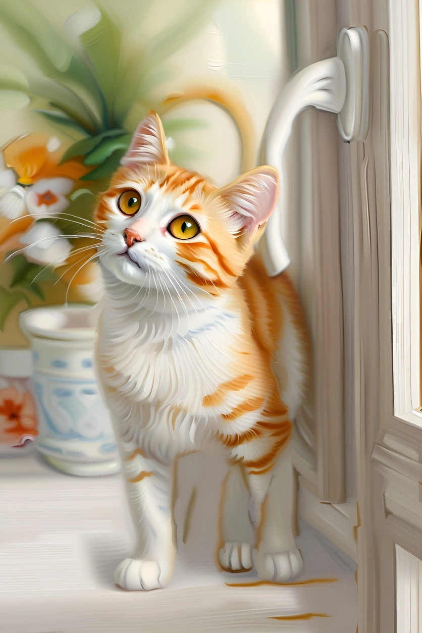 Oil painting of a cat sitting next to a door, created from a reference photo by generative AI similar as MidJourney and ChatGPT