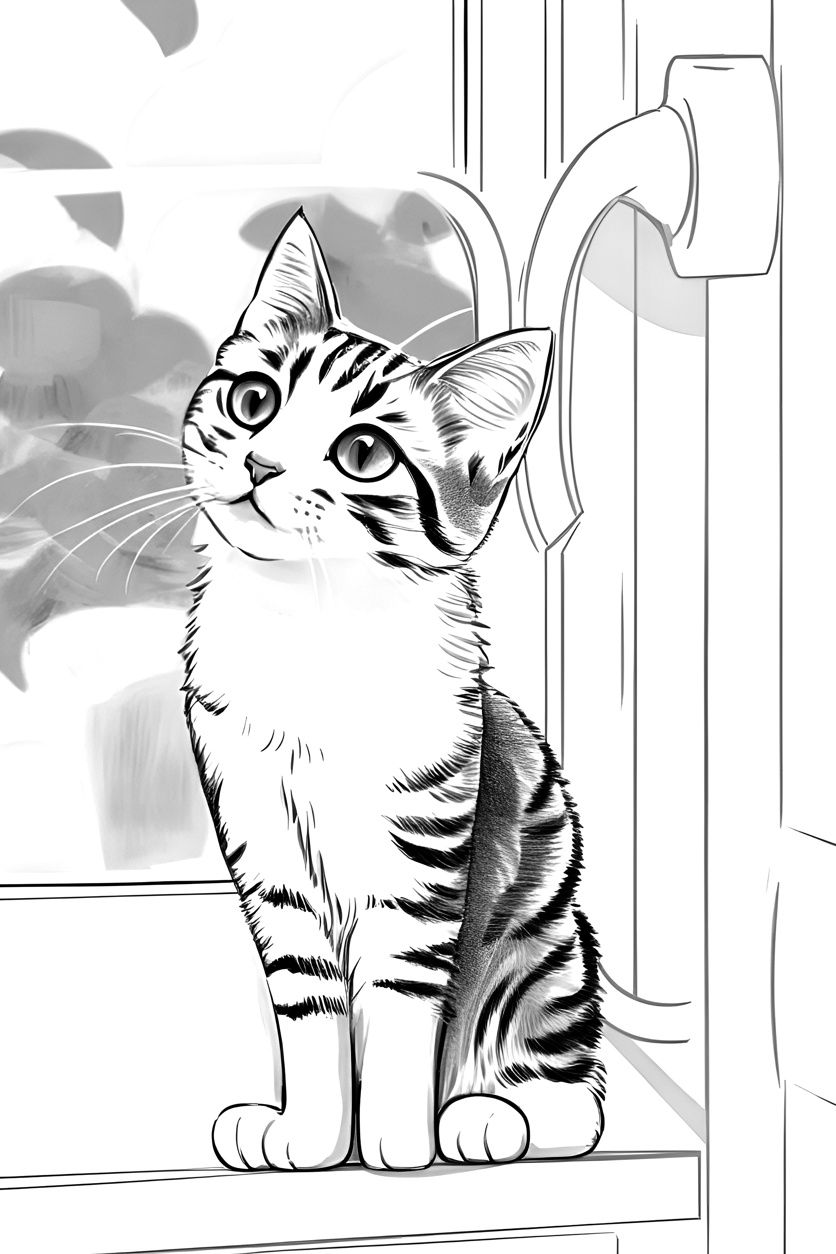 Line sketch drawing of a cat, created from a reference photo by generative AI similar as MidJourney and ChatGPT