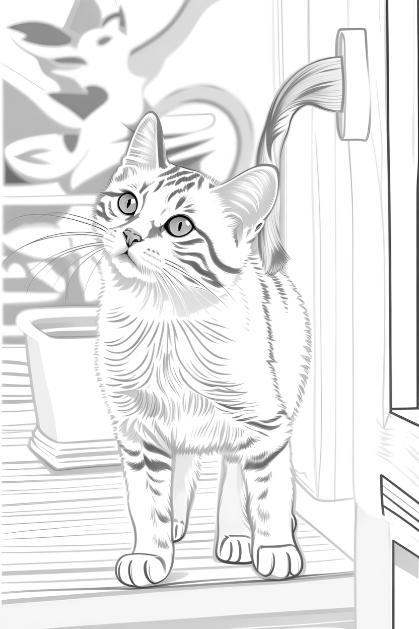 Line sketch drawing of a cat, created from a reference photo by generative AI similar as MidJourney and ChatGPT