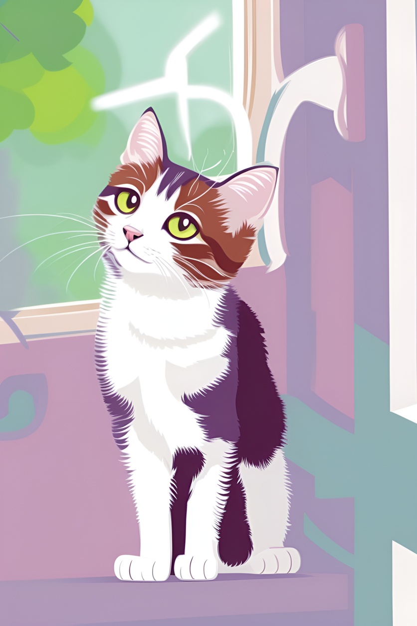 Vector art picture of a cat sitting next to the door, created from a reference photo by generative AI similar as MidJourney and ChatGPT