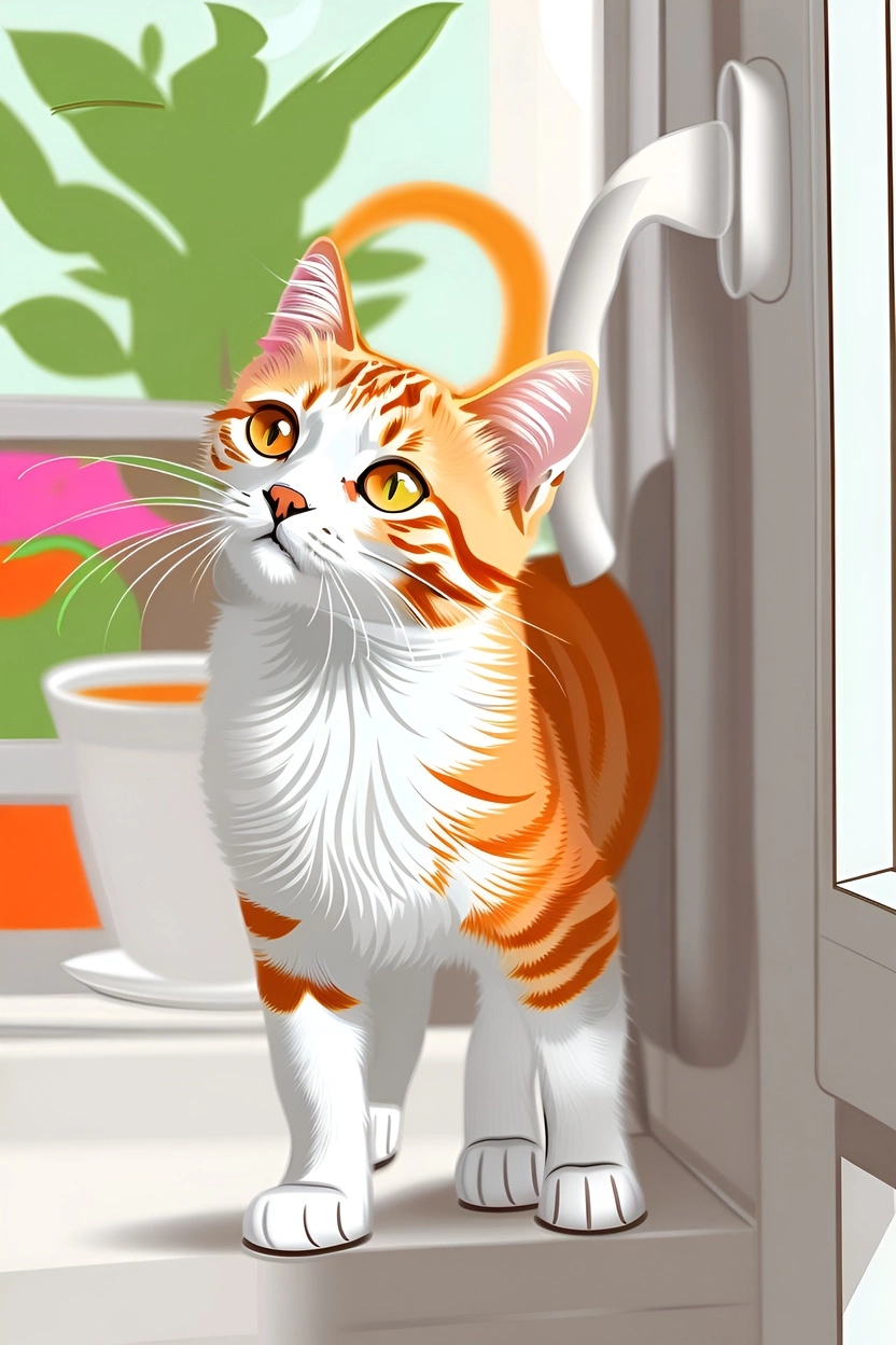 Vector art picture of a cat sitting next to the door, created from a reference photo by generative AI similar as MidJourney and ChatGPT