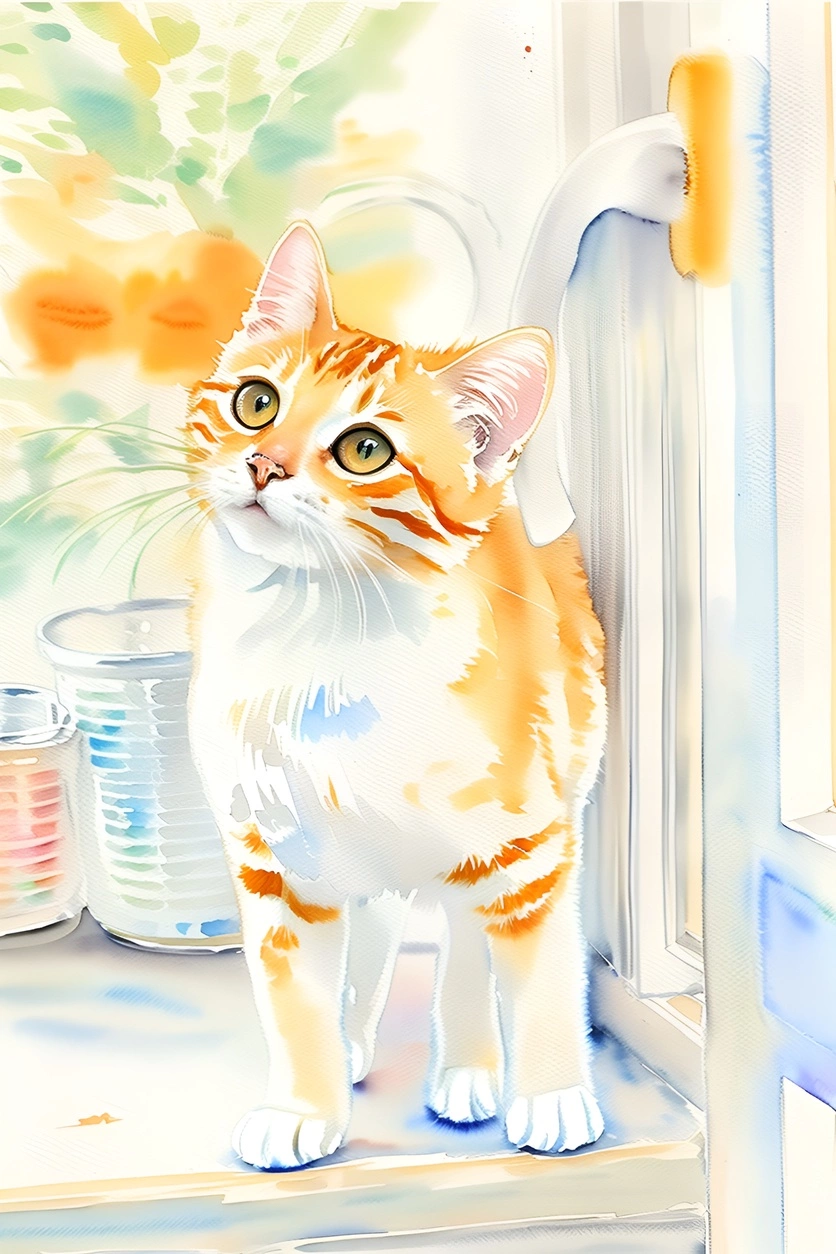 turns cat photo into watercolor painting with AI