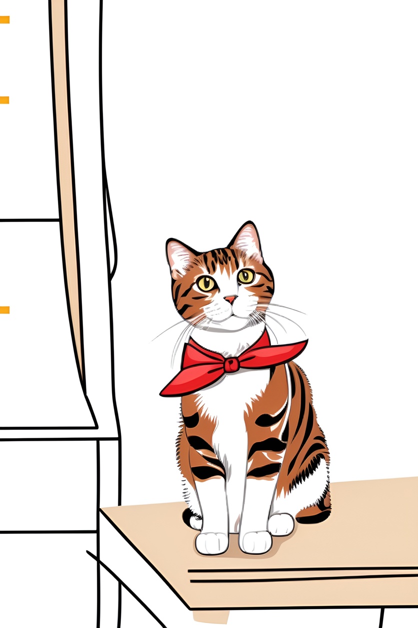 Line art picture of a cat wearing a tie, created from a reference photo by generative AI similar as MidJourney and ChatGPT