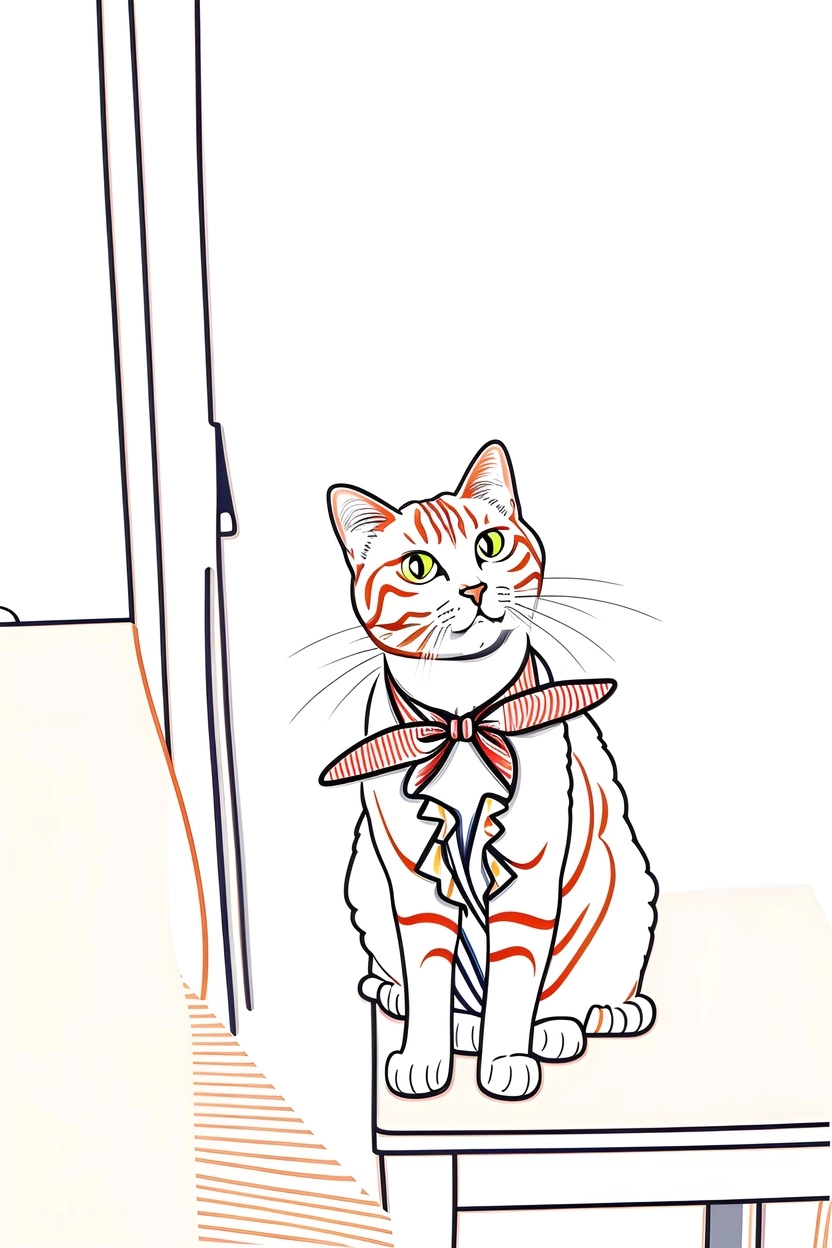 Line art picture of a cat wearing a tie, created from a reference photo by generative AI similar as MidJourney and ChatGPT