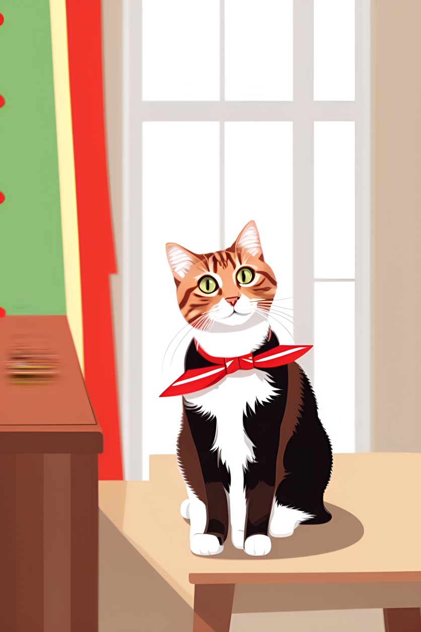 vector art picture of a cat wearing tie, created from a reference photo by generative AI similar as MidJourney and ChatGPT