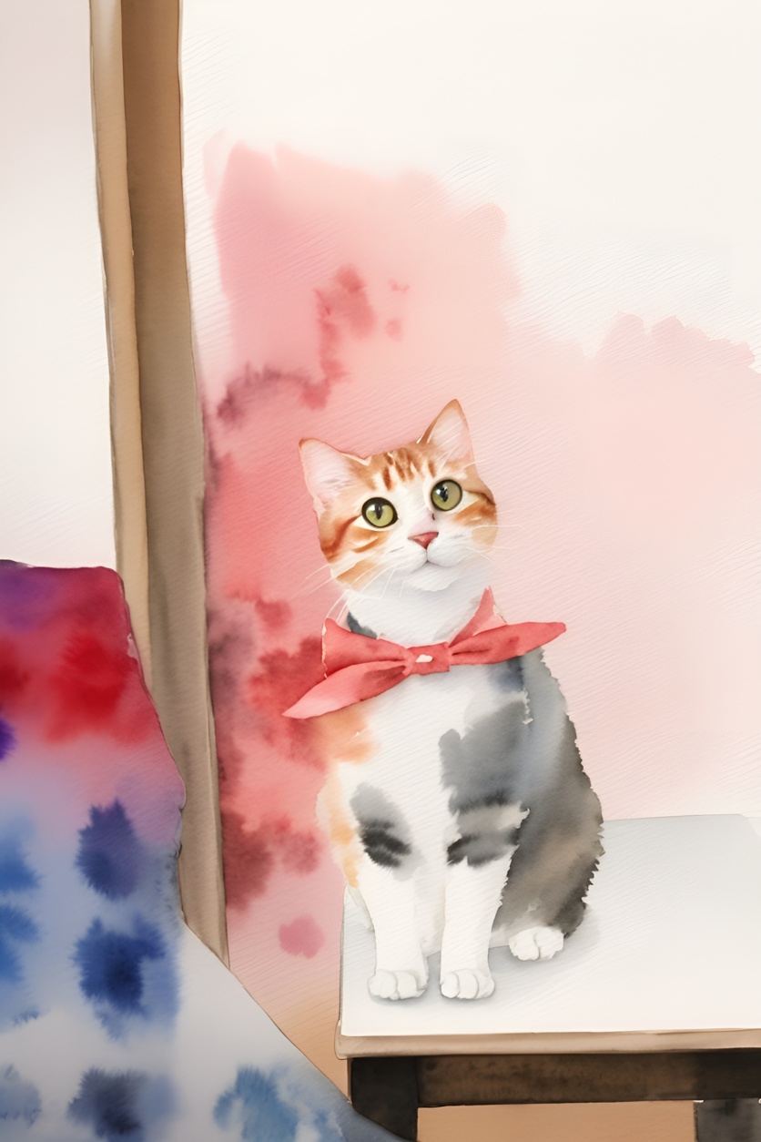Watercolor painting of a cat, created from a reference photo by generative AI similar as MidJourney and ChatGPT