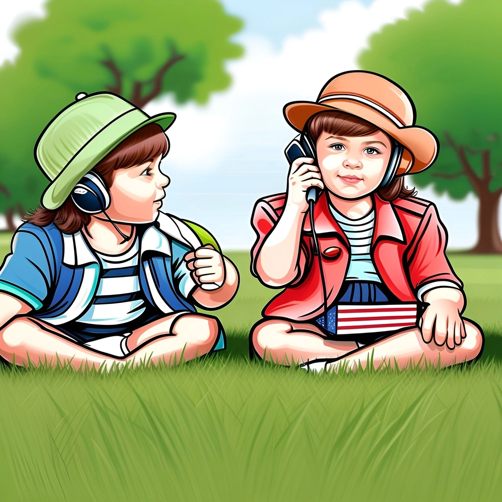 Caricature drawing of two children playing on grass, created from a reference photo by our AI art generator