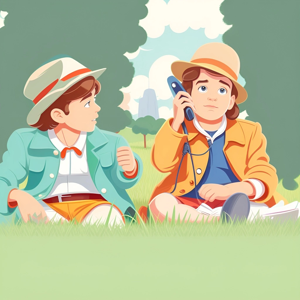 dessin de dessin animé de deux enfants assis sur l'herbe, créé à partir d'une photo de référence