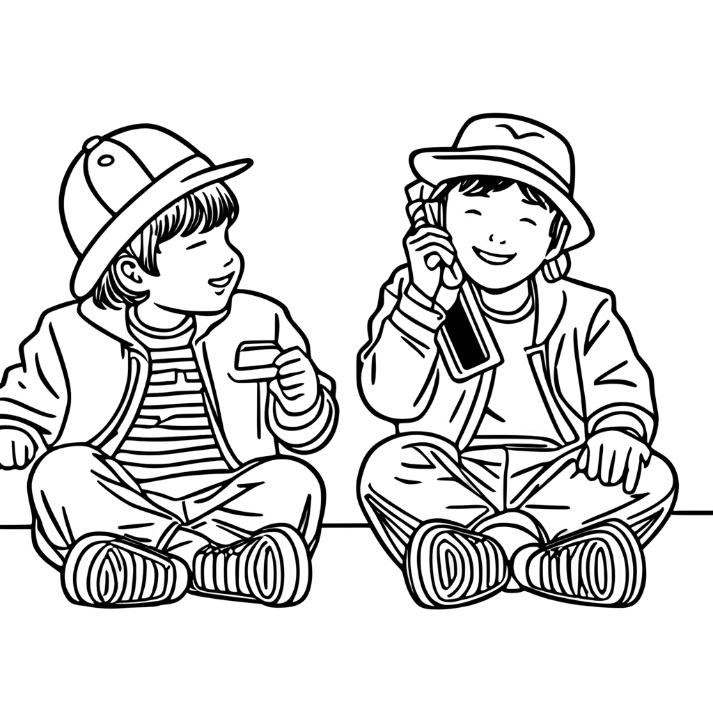 Coloring page of two children playing on grass, created from a reference photo by generative AI similar as MidJourney and ChatGPT