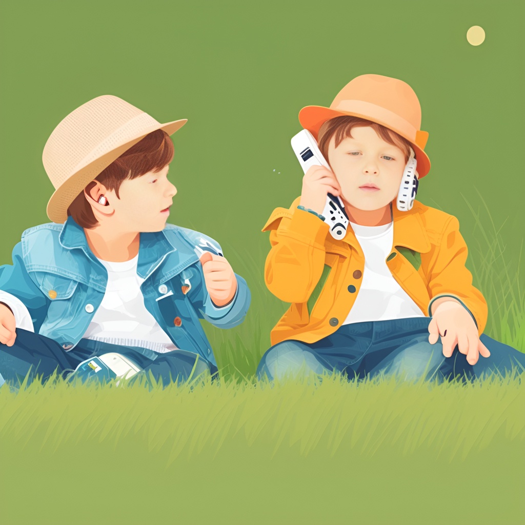 Illustration of two children playing, created from a reference photo by generative AI similar as MidJourney and ChatGPT