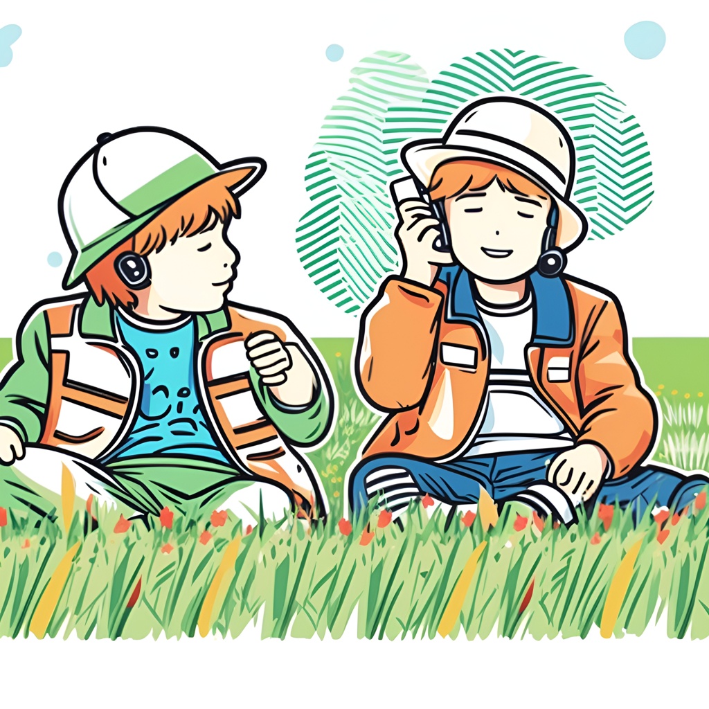 Line art picture of two children playing on grass, created from a reference photo by generative AI similar as MidJourney and ChatGPT