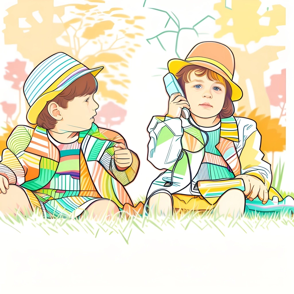 Line art picture of two children playing on grass, created from a reference photo by generative AI similar as MidJourney and ChatGPT